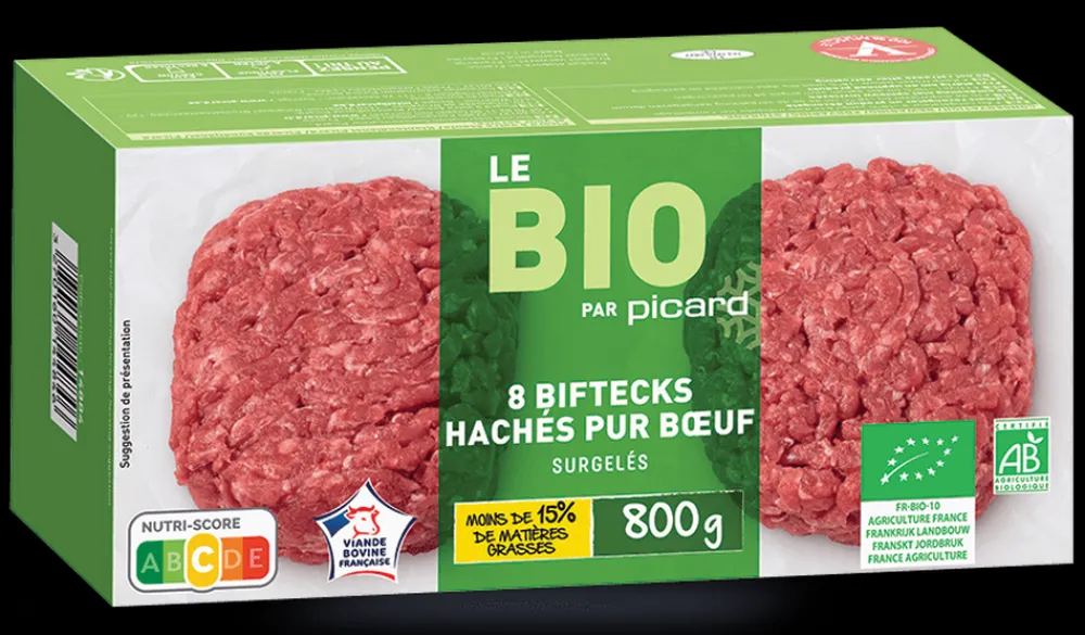 Picard 8 biftecks hachés bio, pur boeuf, 15% M.G maximum*Enfant Viandes Pour Enfants|Viandes Bio Et Labellisées