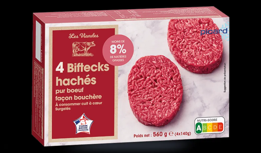Picard 4 biftecks hachés (140g), pur boeuf, 8% M.G maxi* Viandes Hachées|Boeuf
