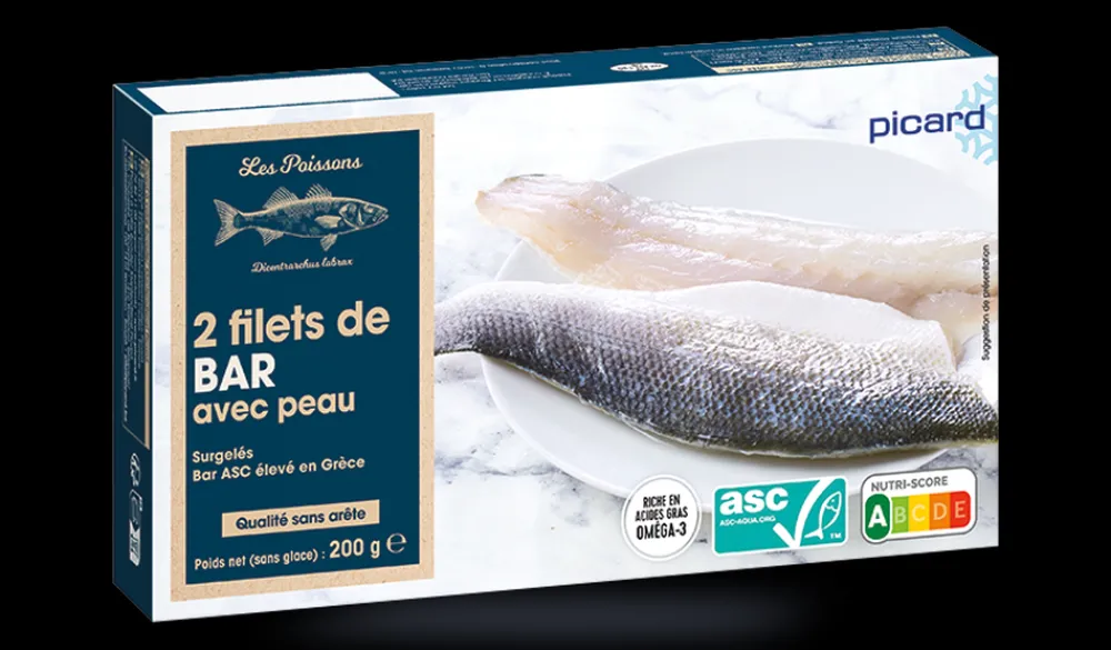 Picard 2 filets de bar avec peau ASC, élevé en Grèce* Produits Nutri-Score A|Sans Sel Ajouté