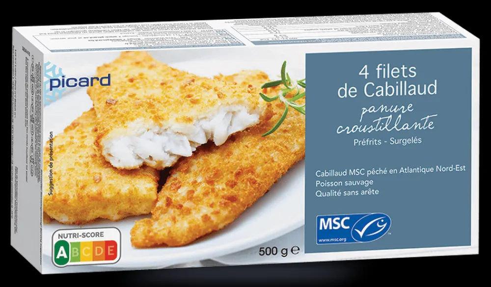Picard 4 filets de cabillaud MSC, panure croustillante*Enfant Produits Nutri-Score A|Poissons Panés, Meunières