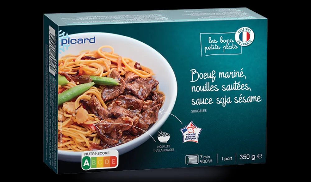 Picard Bœuf mariné, nouilles et légumes sautés, sauce soja sésame* Produits Nutri-Score A|Viandes, Volailles Cuisinées
