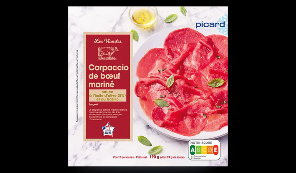 Picard Carpaccio de bœuf et sa marinade à l'huile d'olive 5 % et au basilic* Produits Nutri-Score A|Viandes Bio Et Labellisées