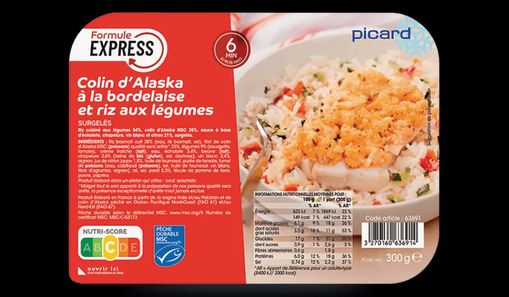 Picard Colin d'Alaska MSC à la bordelaise et riz légumes* Poissons, Fruits De Mer Cuisinés