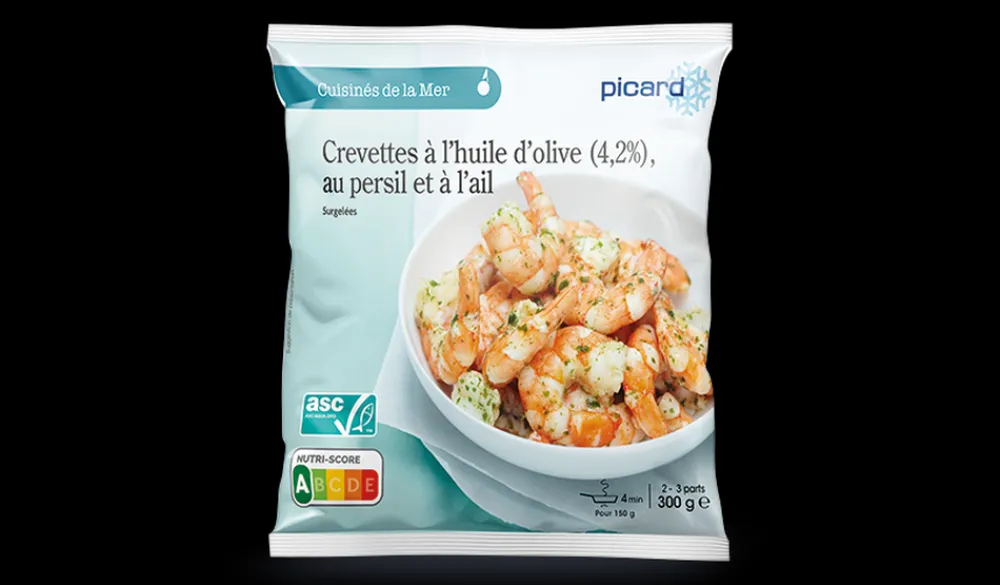 Picard Crevettes à l'huile d'olive (4%) au persil,à l'ail* Produits Nutri-Score A|Crevettes, Langoustes, Autres Crustacés