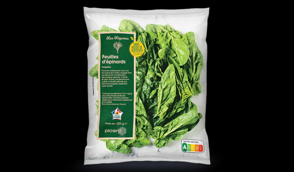 Picard Feuilles d'épinards sans résidu pesticides, France* Produits Nutri-Score A|Épinards, Poireaux