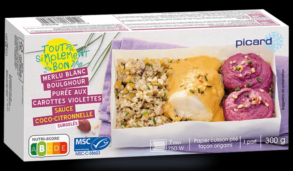 Picard Merlu blanc MSC, boulghour, purée aux carottes* Produits Nutri-Score B|Plats Cuisinés Bio Et Labellisés