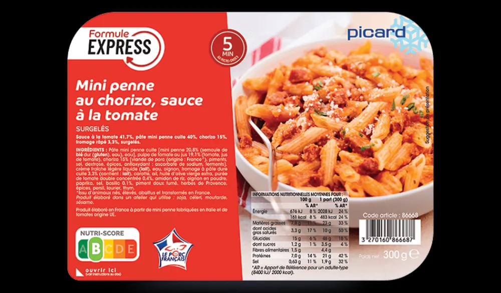 Picard Mini penne au chorizo, sauce à la tomate* Produits Nutri-Score B|Couscous, Pâtes, Risottos