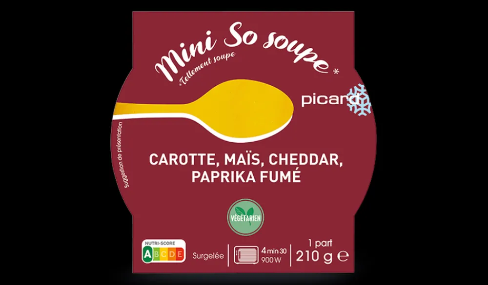 Picard Mini so soupe carotte maïs, cheddar, paprika fumé* Soupes, Potages Et Veloutés