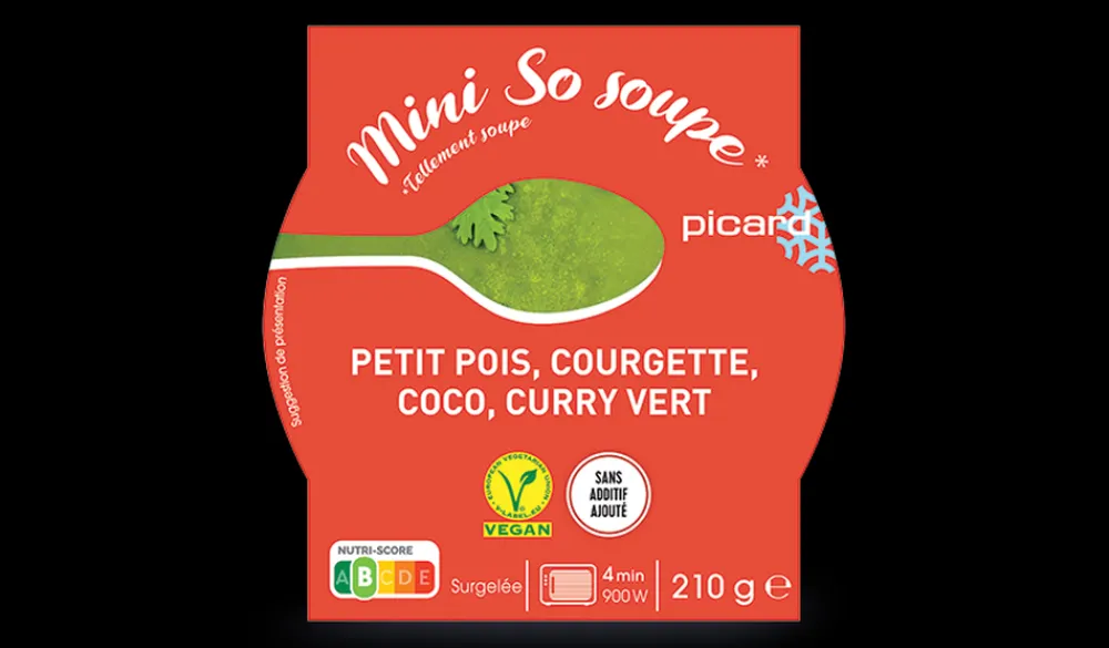 Picard Mini so soupe petit pois, courgette, coco, curry* Produits Nutri-Score B|Vegan