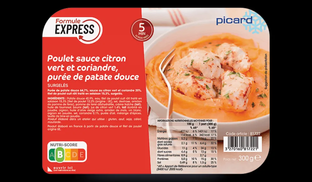 Picard Poulet sauce citron vert, purée de patate douce* Produits Nutri-Score B|Viandes, Volailles Cuisinées