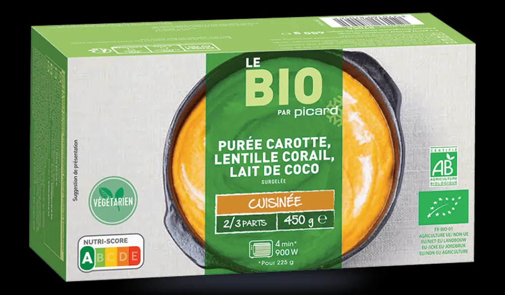 Picard Purée de carotte-lentille corail-lait de coco bio* Produits Nutri-Score A|Végétarien