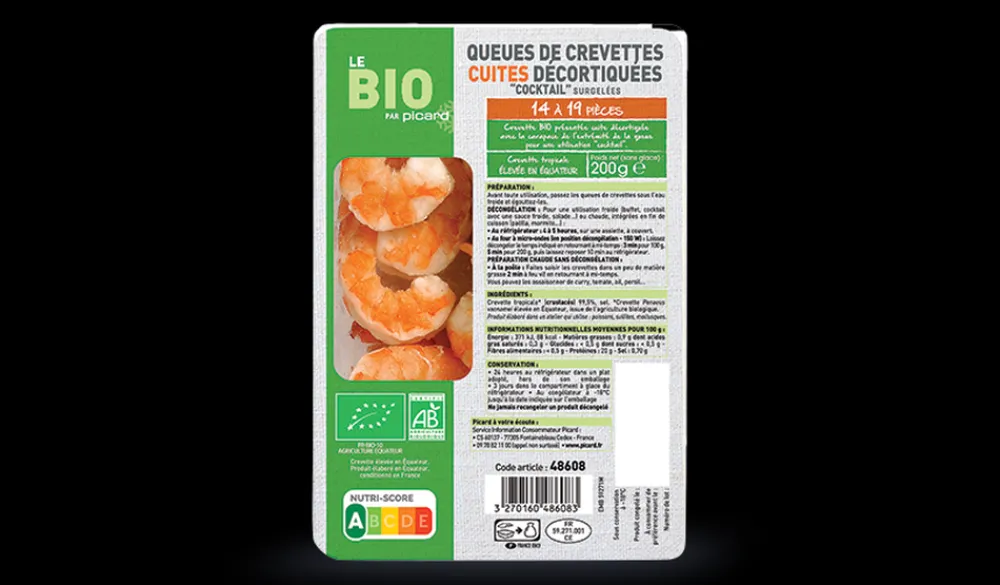 Picard Queues crevettes cuites décortiquées cocktail bio* Produits Nutri-Score A|Fruits De Mer Bio Et Labellisés