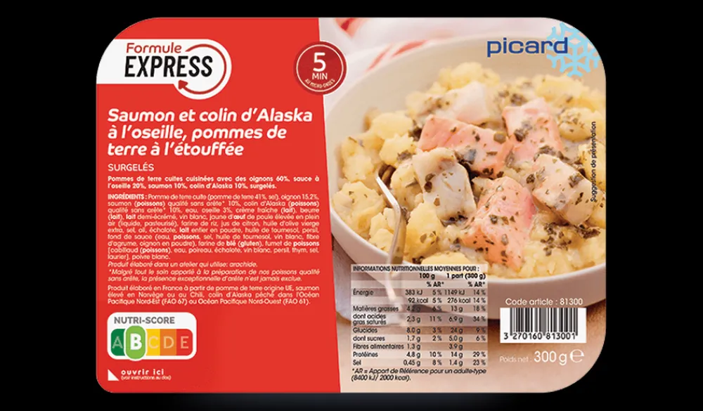 Picard Saumon et colin d’Alaska à l’oseille, pommes de terre à l’étouffée* Produits Nutri-Score B|Poissons, Fruits De Mer Cuisinés
