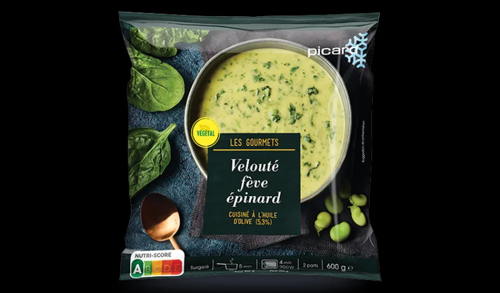 Picard Velouté fèves épinard cuisiné l'huile olive (5,3%)* Produits Nutri-Score A|Vegan